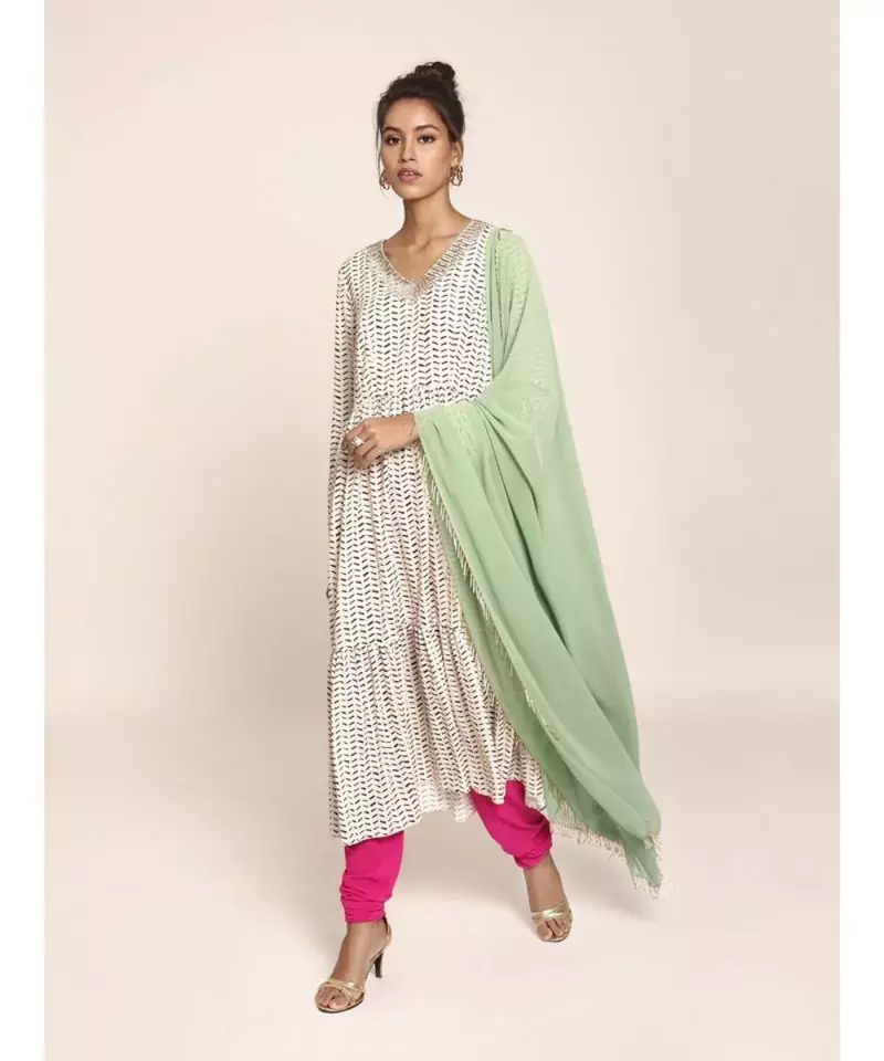 Payal Singhal Printed Art Crepe Kurta with Soft Net Churidar and Art Georgette Dupatta for Women