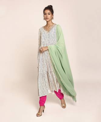 PS Pret by Payal Singhal Cream Printed Art Crepe Kurta with Hot Pink Soft Net Churidar and Green Art Georgette Dupatta 1