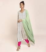 PS Pret by Payal Singhal Cream Printed Art Crepe Kurta with Hot Pink Soft Net Churidar and Green Art Georgette Dupatta