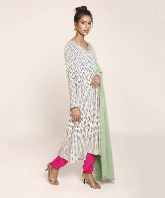 PS Pret by Payal Singhal Cream Printed Art Crepe Kurta with Hot Pink Soft Net Churidar and Green Art Georgette Dupatta 2
