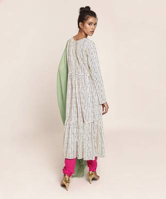 PS Pret by Payal Singhal Cream Printed Art Crepe Kurta with Hot Pink Soft Net Churidar and Green Art Georgette Dupatta 3
