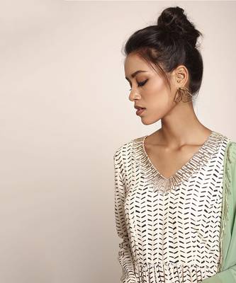 PS Pret by Payal Singhal Cream Printed Art Crepe Kurta with Hot Pink Soft Net Churidar and Green Art Georgette Dupatta 4