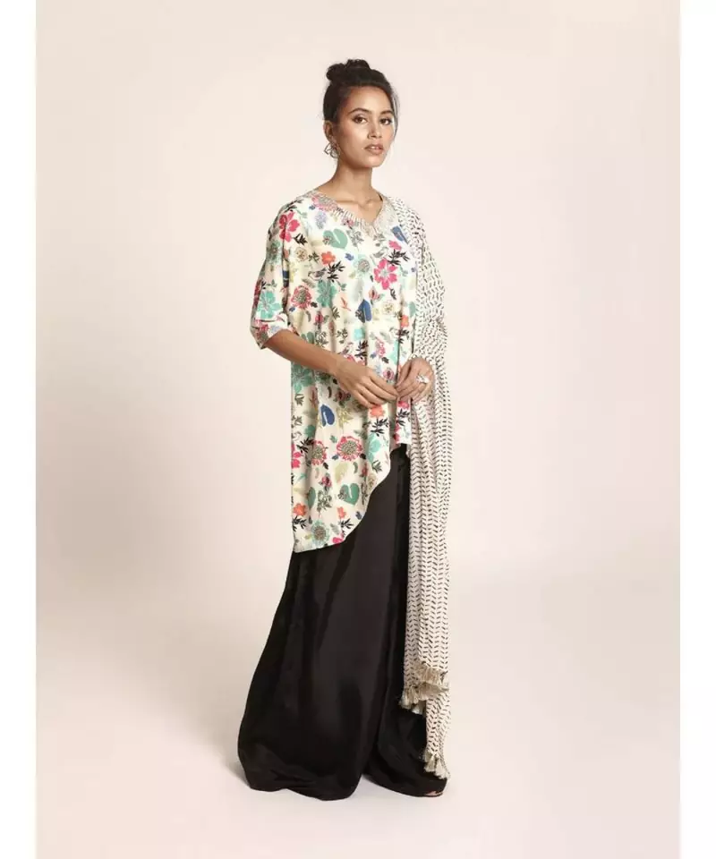 Printed Art Crepe Kurta with Art Crepe Palazzo and Art Georgette Dupatta for Women