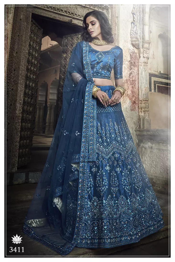 Blue embroidered art silk semi stitched Wedding & Party lehenga