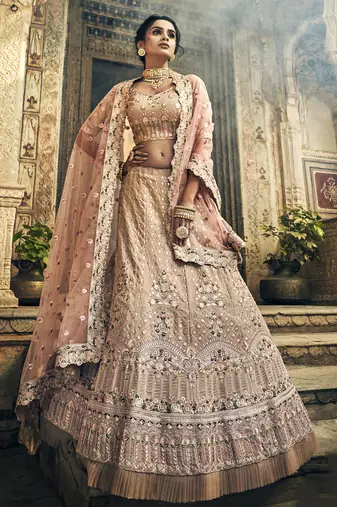 Rodeo Dust pink Swarovski, Thread & Zari embroidered with cut work Georgette semi stitched Wedding lehenga