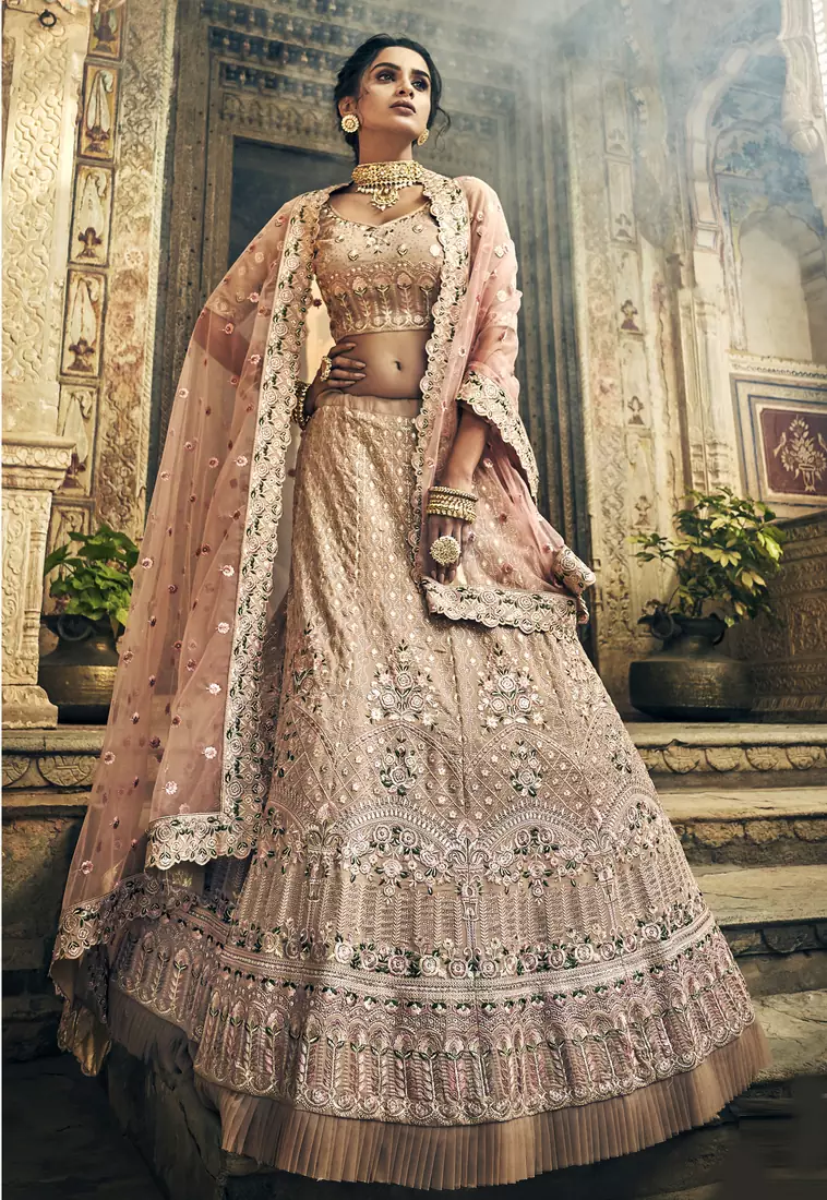 Rodeo Dust pink Swarovski, Thread & Zari embroidered with cut work Georgette semi stitched Wedding lehenga