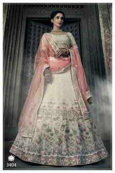 Off-white Thread embroidered georgette semi stitched Wedding lehenga