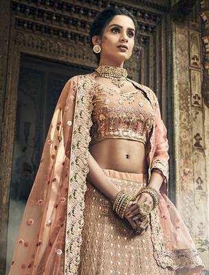 Rodeo Dust pink Swarovski, Thread & Zari embroidered with cut work Georgette Semi Stitched Wedding Lehenga 2