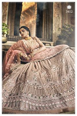 Rodeo Dust pink Swarovski, Thread & Zari embroidered with cut work Georgette Semi Stitched Wedding Lehenga 3
