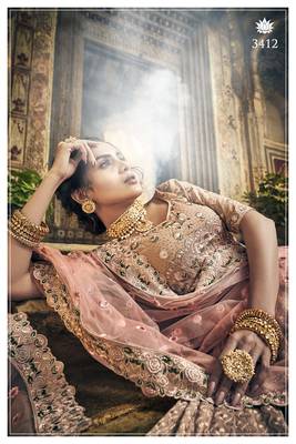 Rodeo Dust pink Swarovski, Thread & Zari embroidered with cut work Georgette Semi Stitched Wedding Lehenga 4