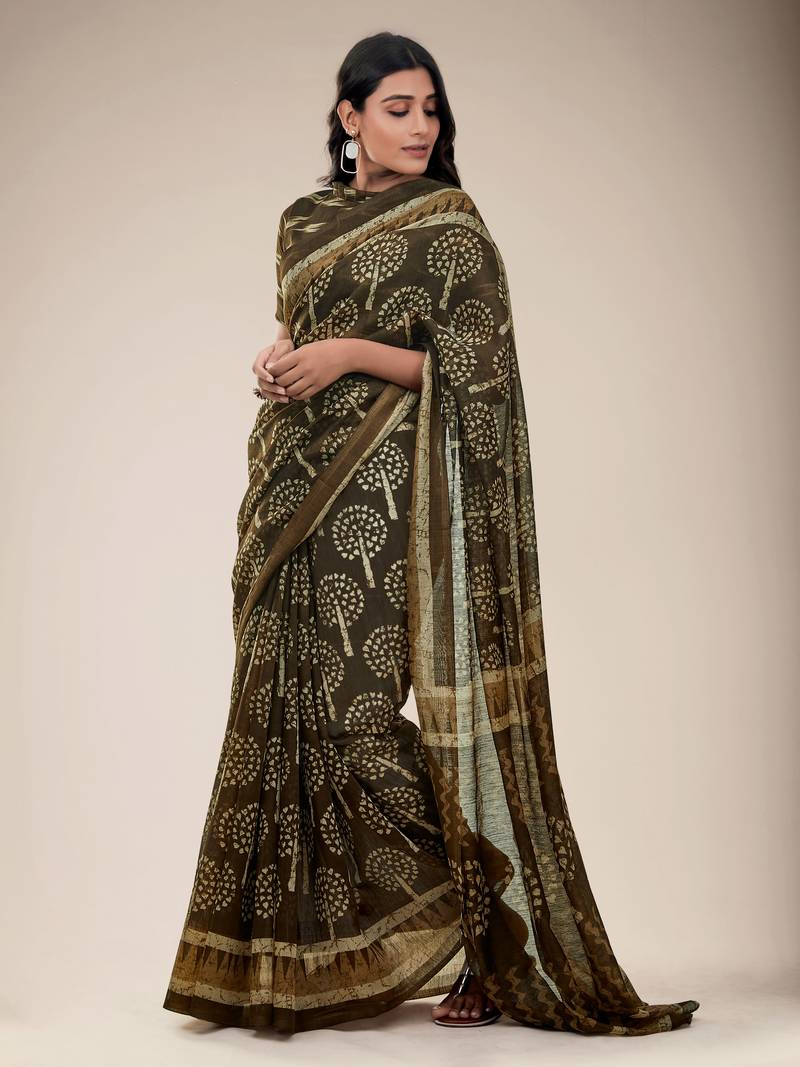 Brown Printed Cotton Blend Sarees With Unstitched Blouse Piece