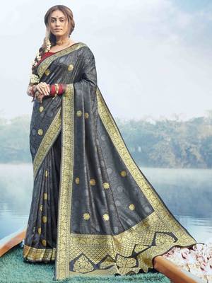 Grey woven banarasi silk saree with blouse 1