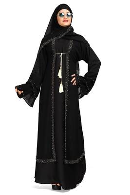 Khadija fashion Women's three layer silver pearl sleeve nida fabric burqa with koty and scarf free 1