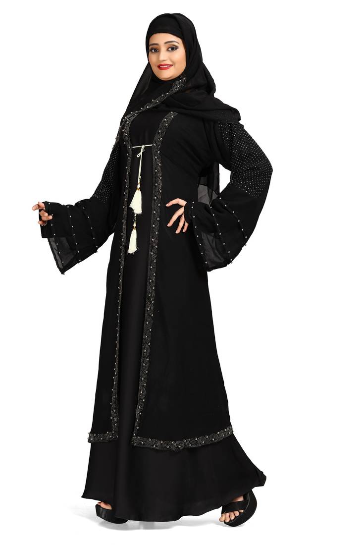 Khadija fashion Women's three layer silver pearl sleeve nida fabric burqa with koty and scarf free