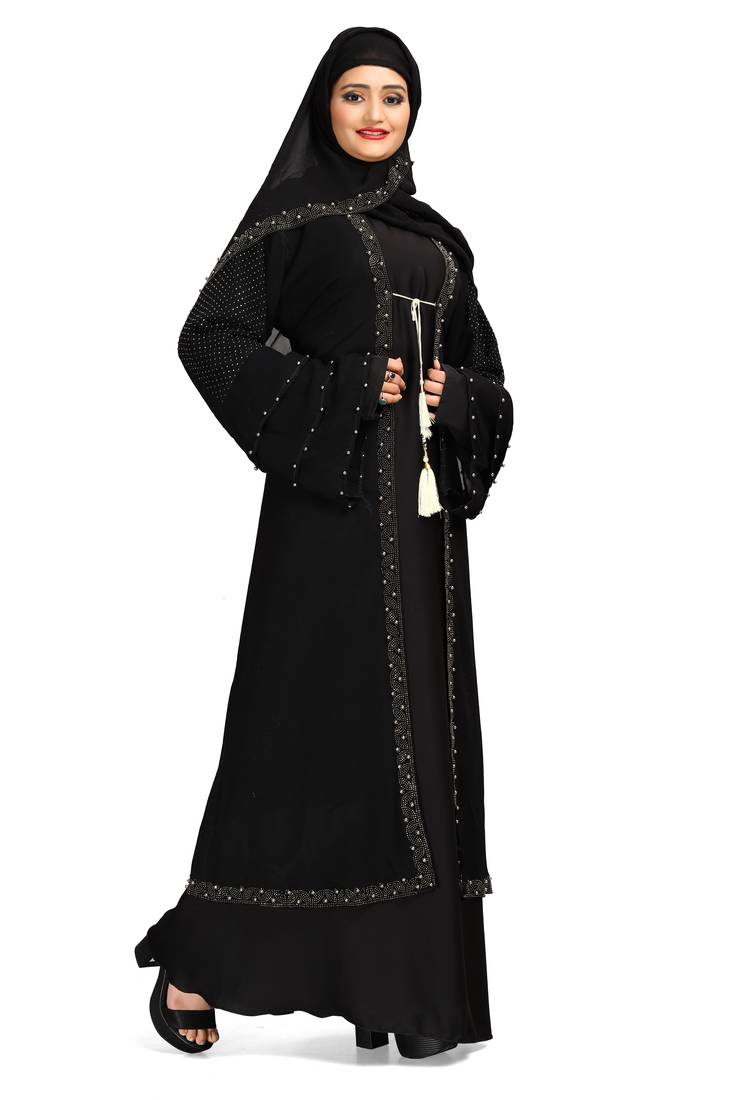 Khadija fashion Women's three layer silver pearl sleeve nida fabric burqa with koty and scarf free
