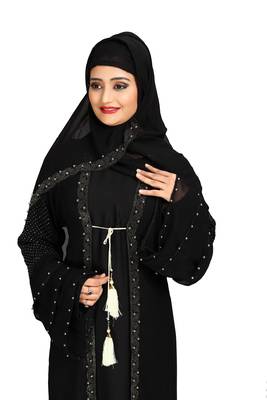 Khadija fashion Women's three layer silver pearl sleeve nida fabric burqa with koty and scarf free 5