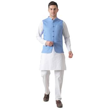 Blue plain cotton kurta-pajama 5