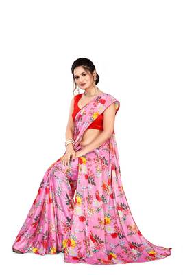 Pink printed lycra saree with blouse 3