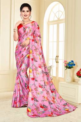 Pink printed lycra saree with blouse 1