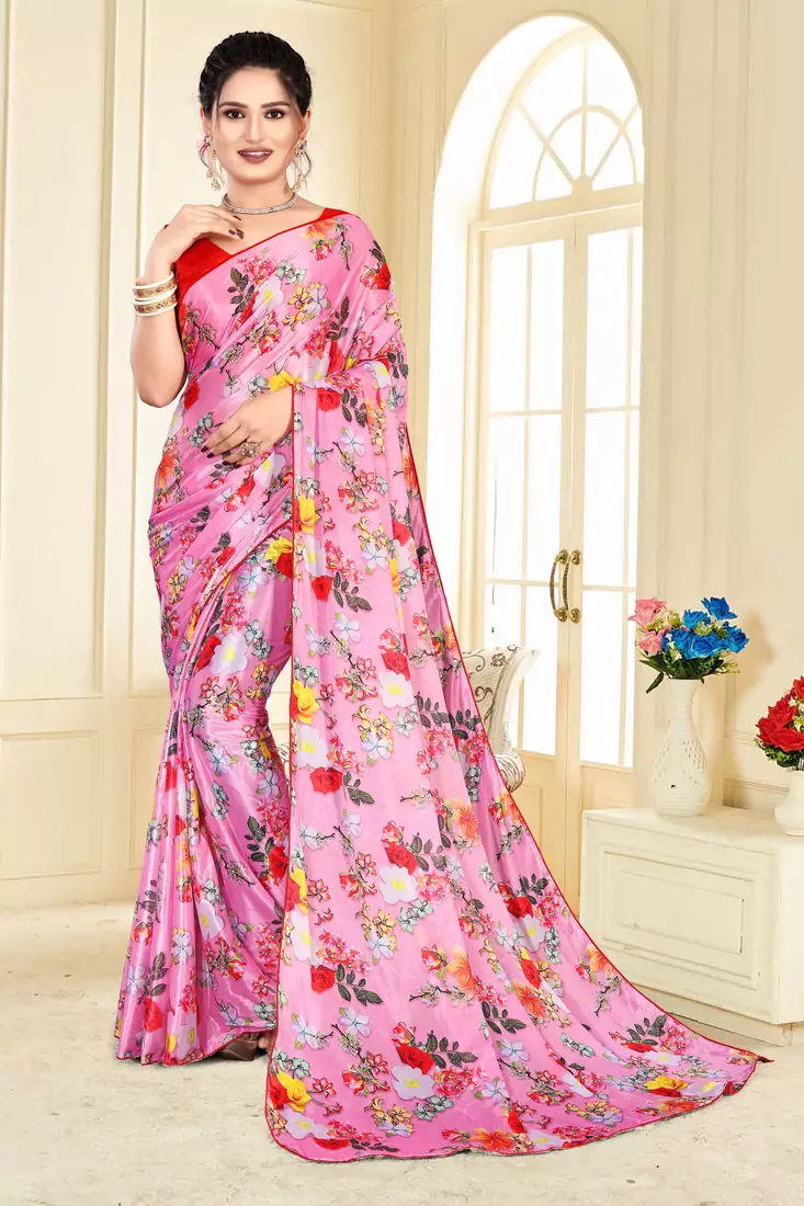 Pink printed lycra saree with blouse