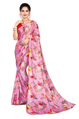 Pink printed lycra saree with blouse 5