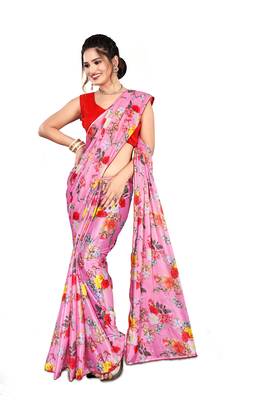 Pink printed lycra saree with blouse 6