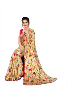 Yellow printed lycra saree with blouse 2