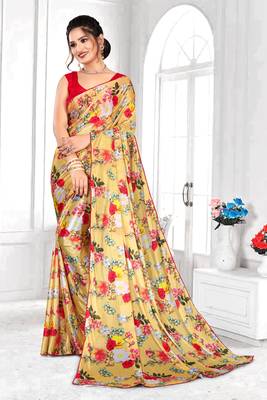 Yellow printed lycra saree with blouse 1