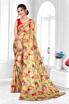 Yellow printed lycra saree with blouse