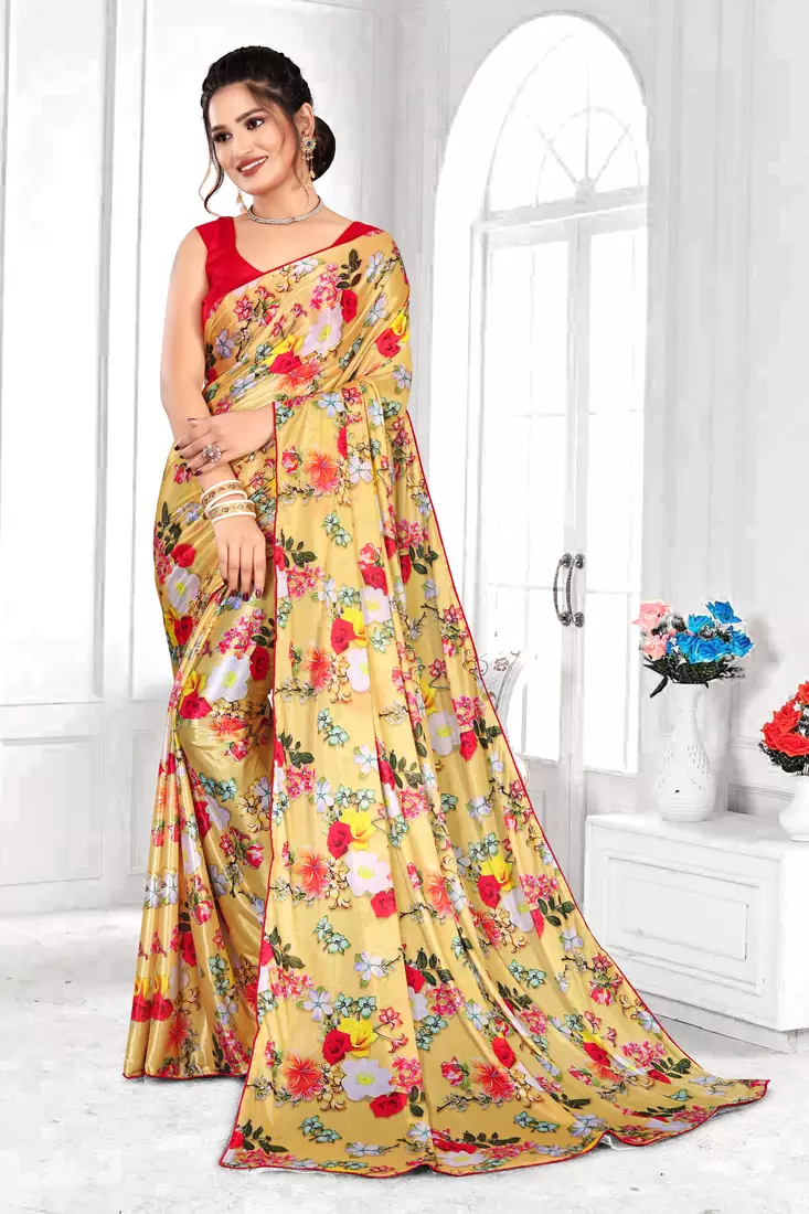 Yellow printed lycra saree with blouse