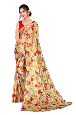 Yellow printed lycra saree with blouse 4