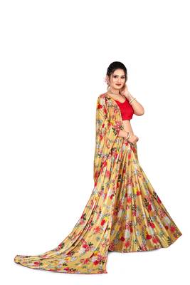 Yellow printed lycra saree with blouse 5