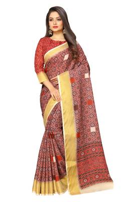 Pink printed pure polyester saree with blouse 1