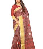Pink printed pure polyester saree with blouse