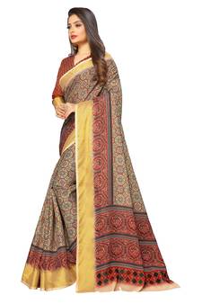 Olive printed pure polyester saree with blouse