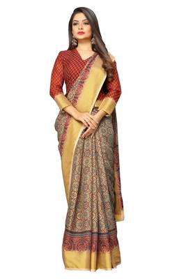 Olive printed pure polyester saree with blouse 3