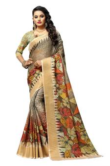 Multicolor printed pure polyester saree with blouse