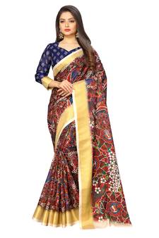 Multicolor printed pure polyester saree with blouse