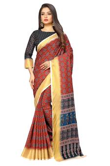 Red printed pure polyester saree with blouse