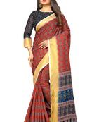 Red printed pure polyester saree with blouse