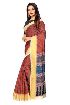 Red printed pure polyester saree with blouse 2