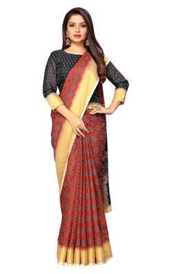 Red printed pure polyester saree with blouse 3
