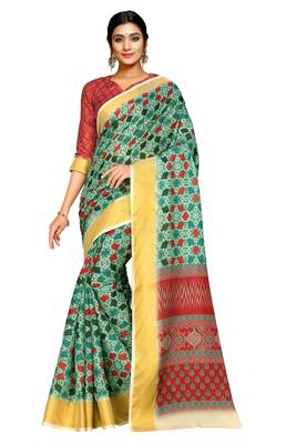 Green printed pure polyester saree with blouse 1