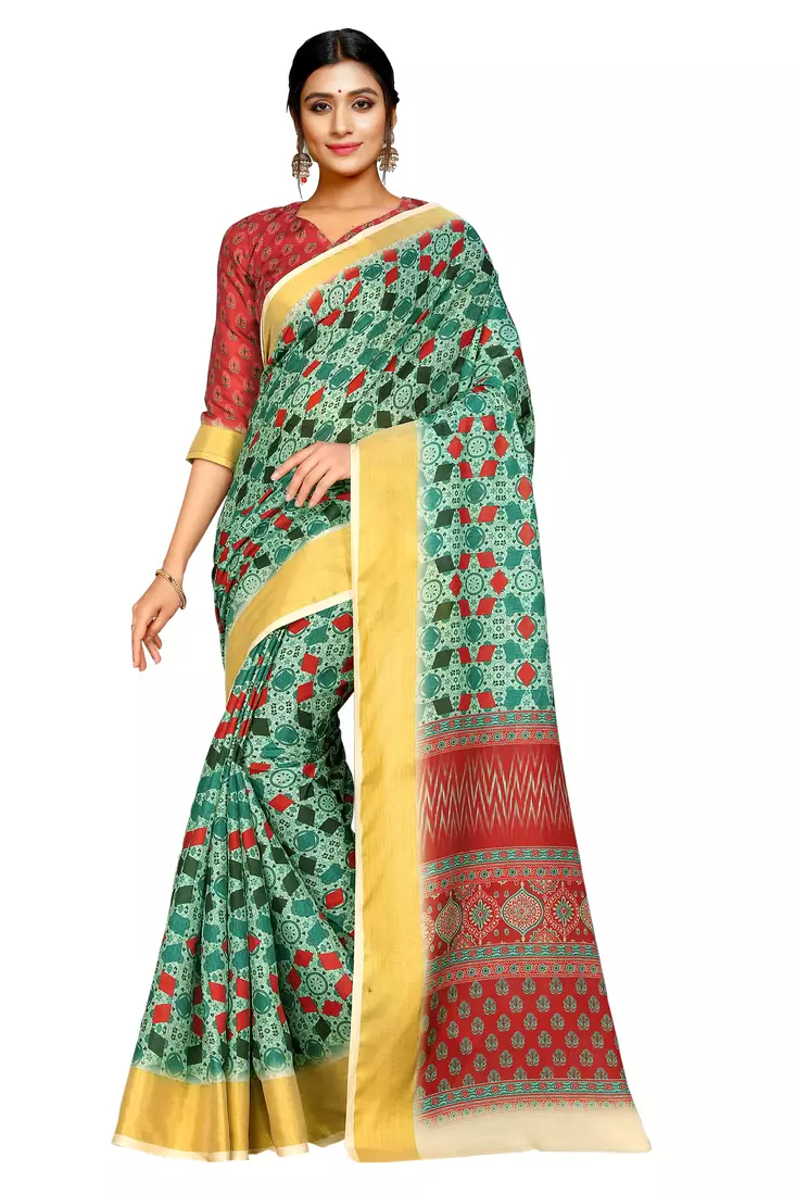 Green printed pure polyester saree with blouse