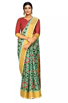 Green printed pure polyester saree with blouse