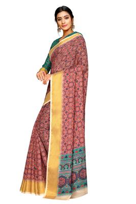 Pink printed pure polyester saree with blouse 1