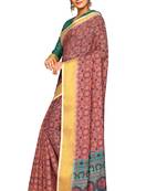 Pink printed pure polyester saree with blouse