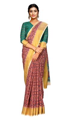 Pink printed pure polyester saree with blouse 4