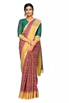 Pink printed pure polyester saree with blouse