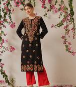 Women'S Hand Embroidered Black Cotton Lucknowi Chikankari Straight Women Kurta